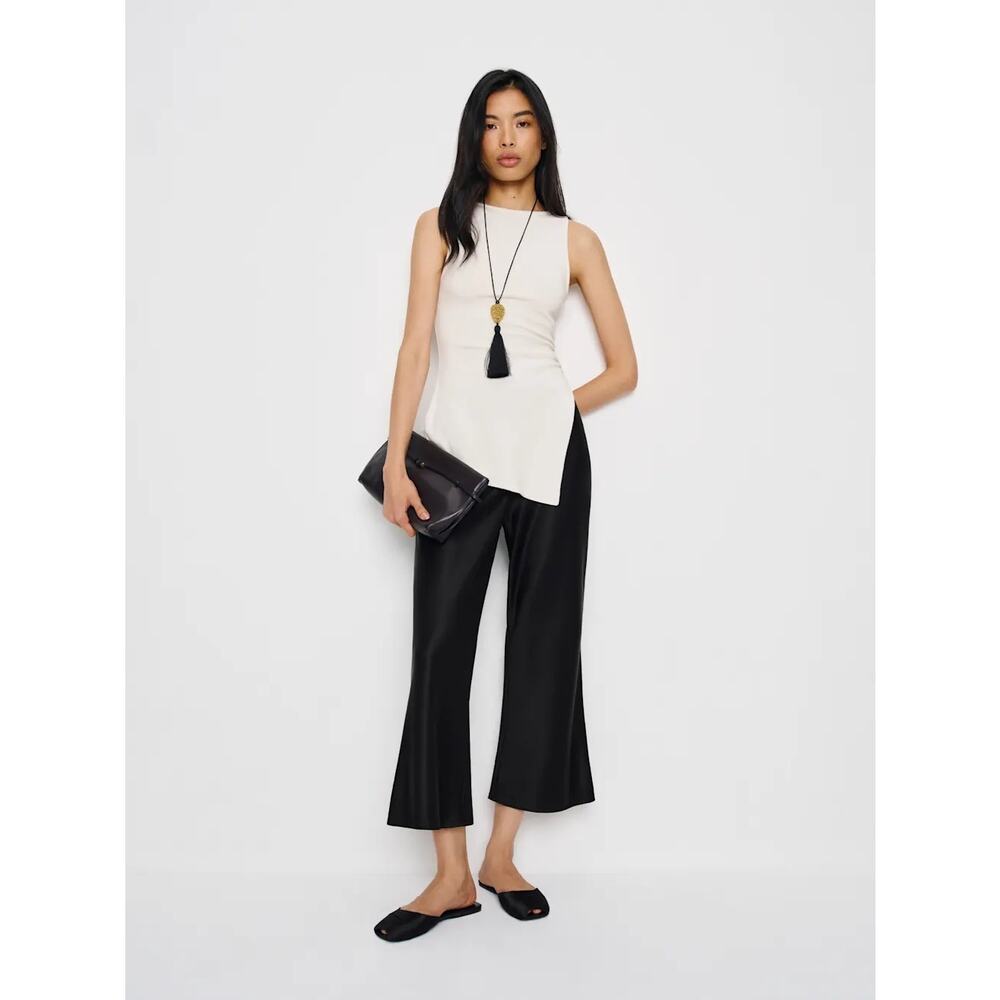 Reformation Gale Satin Mid Rise Pant L Black Bias Cut Wide Leg Pull On NWT 🖤